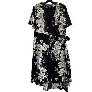 JESSICA LONDON Dress Womens 12 Black-White Floral 2-Piece Wrap NEW Short Sleeve